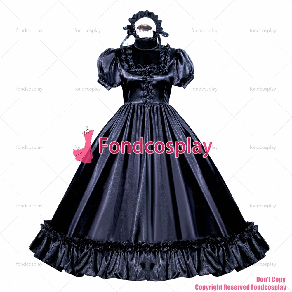 fondcosplay adult sexy cross dressing sissy maid long French Lockable Black Satin Dress Uniform Costume CD/TV[G3988]