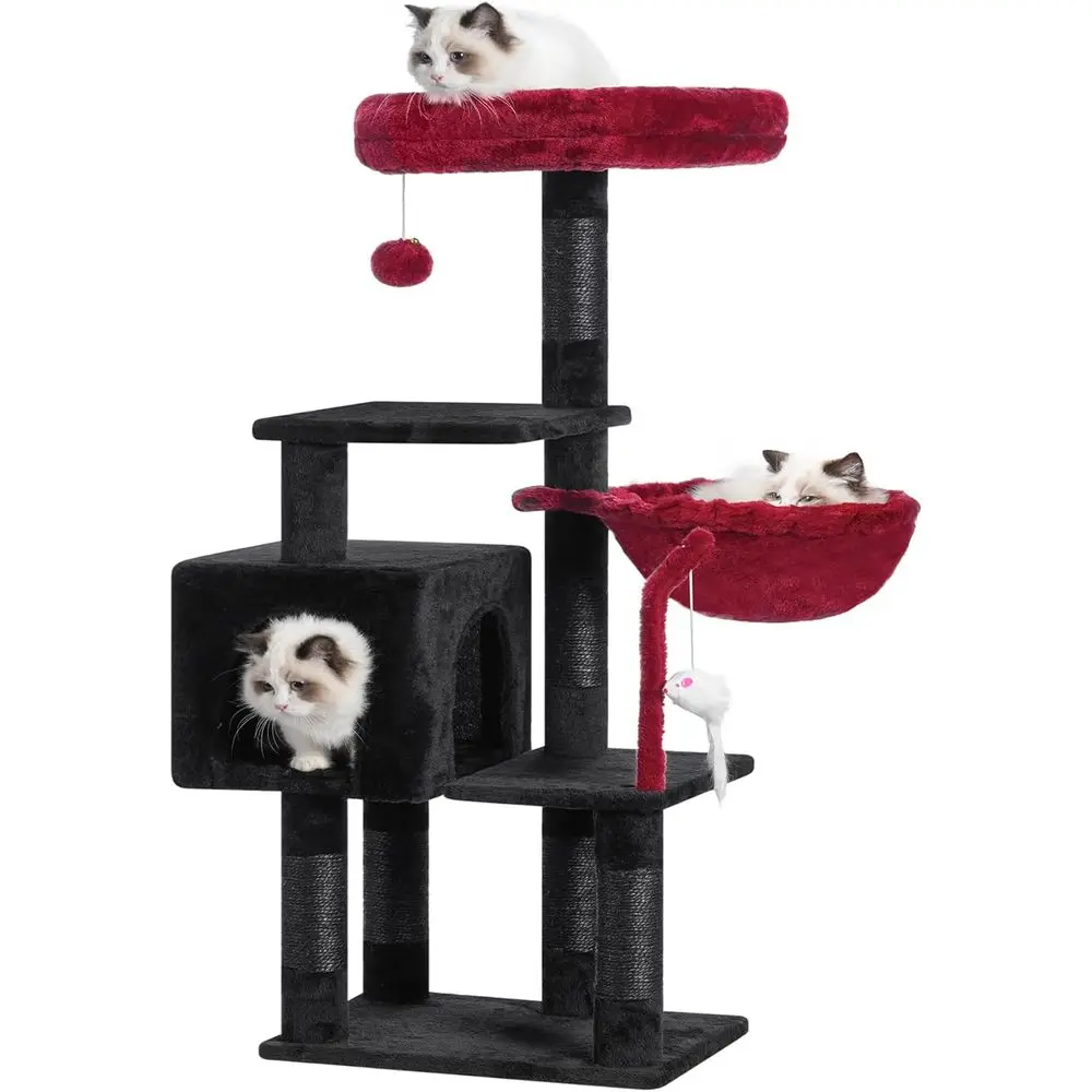 

Indoor Cat Tree with Padded Perch, Hammock, and Scratching Posts, Black & Red