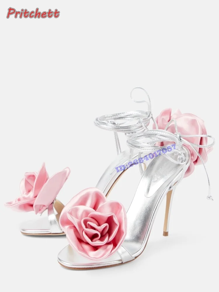 Pink Flowers Silver Leather Round Peep Toe Sandals Ankle Strap Thin High Heels Women Shoes Stiletto Dress Party New Arrivals