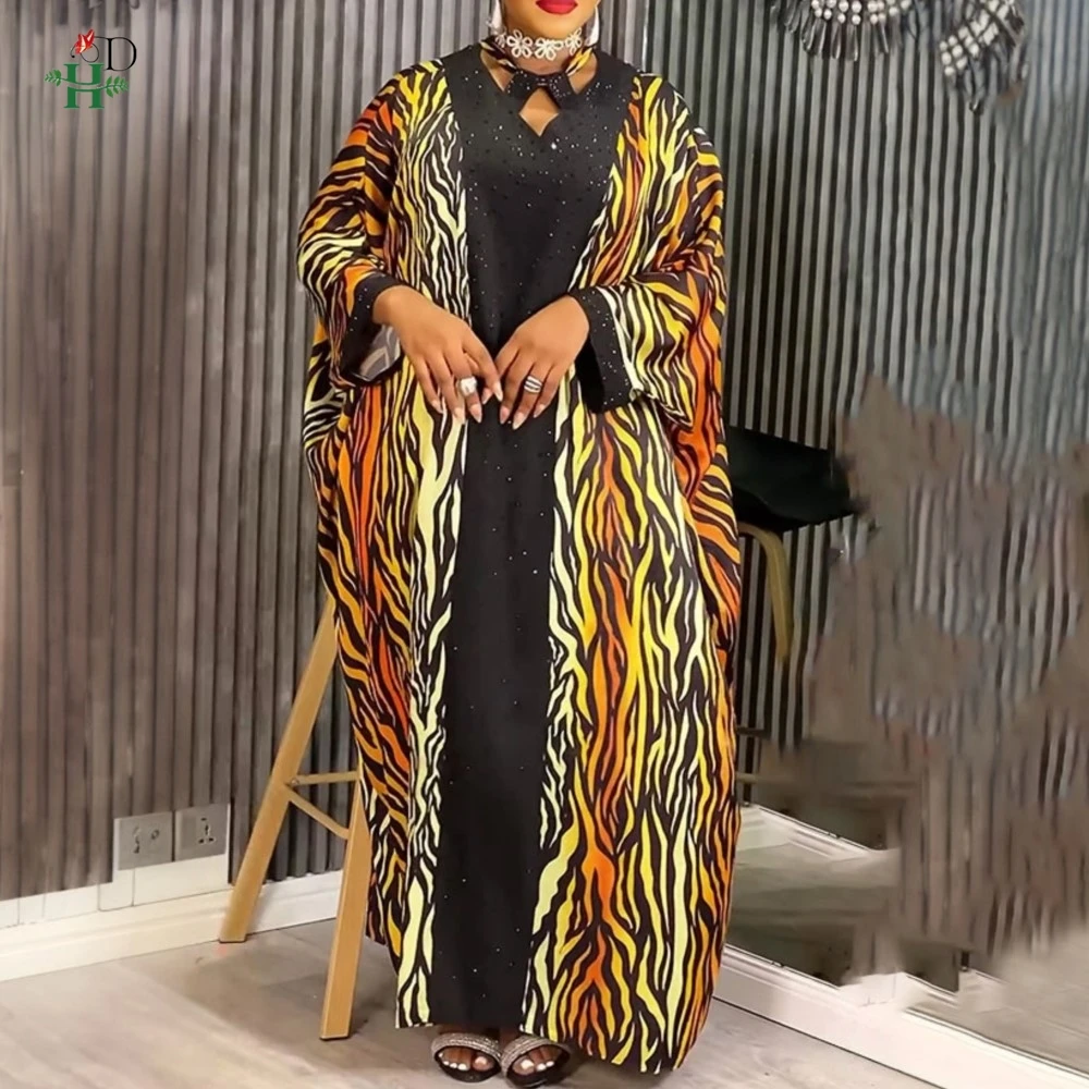 

H&D African Plus Size Kaftan Dress Striped Print V Neck with Neck Tie Bubu Robe For Festivals Casual Gathering Boubou Daily Wear