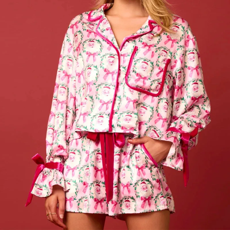 Women Christmas Silk Satin Pajamas Santa Print 2 Piece Bow Tie Pjs Long Sleeve Button Down Shirt Shorts Lounge Sleepwear Set