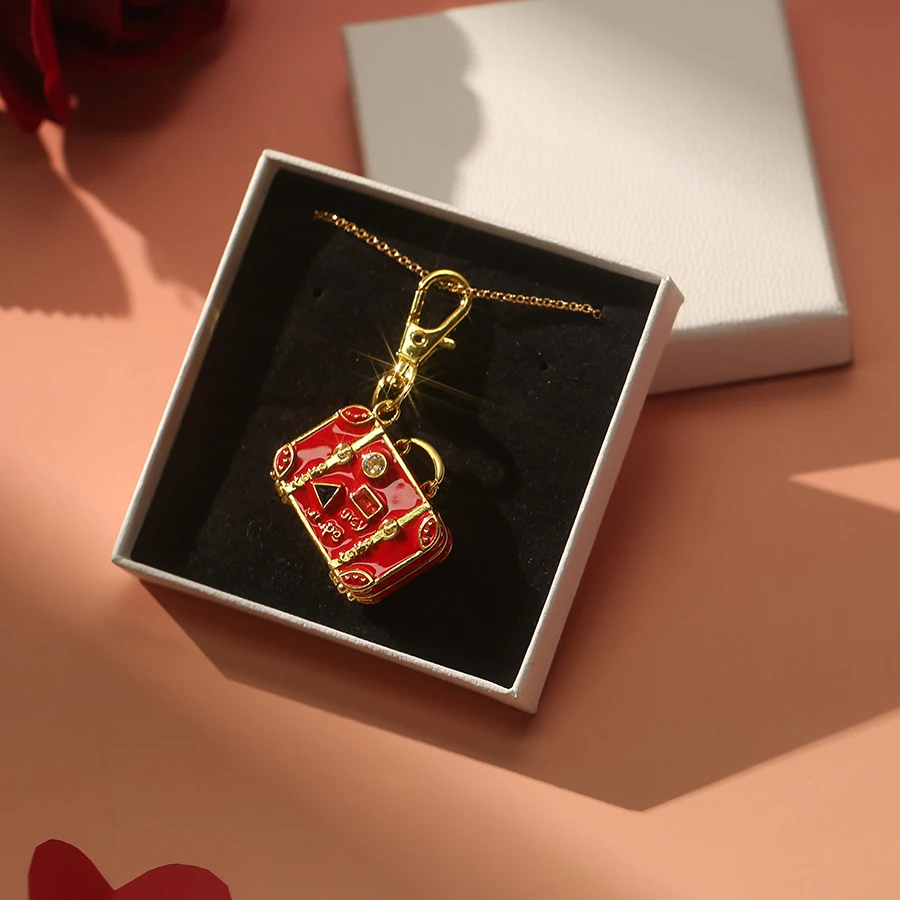 1 unidad de collar con colgante de equipaje esmaltado que se puede abrir de circonita roja a la moda para mujer, joyería divertida de nicho para fiesta, regalo del Día de San Valentín