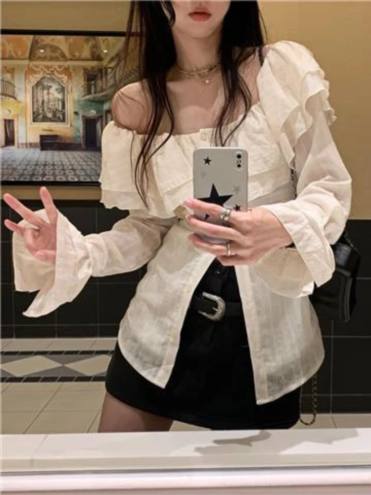 Shirts Women Solid Ruffles Creativity Special Elegant Ladies Sweet All-match Autumn Attractive Korean Style Simple Stylish Chic