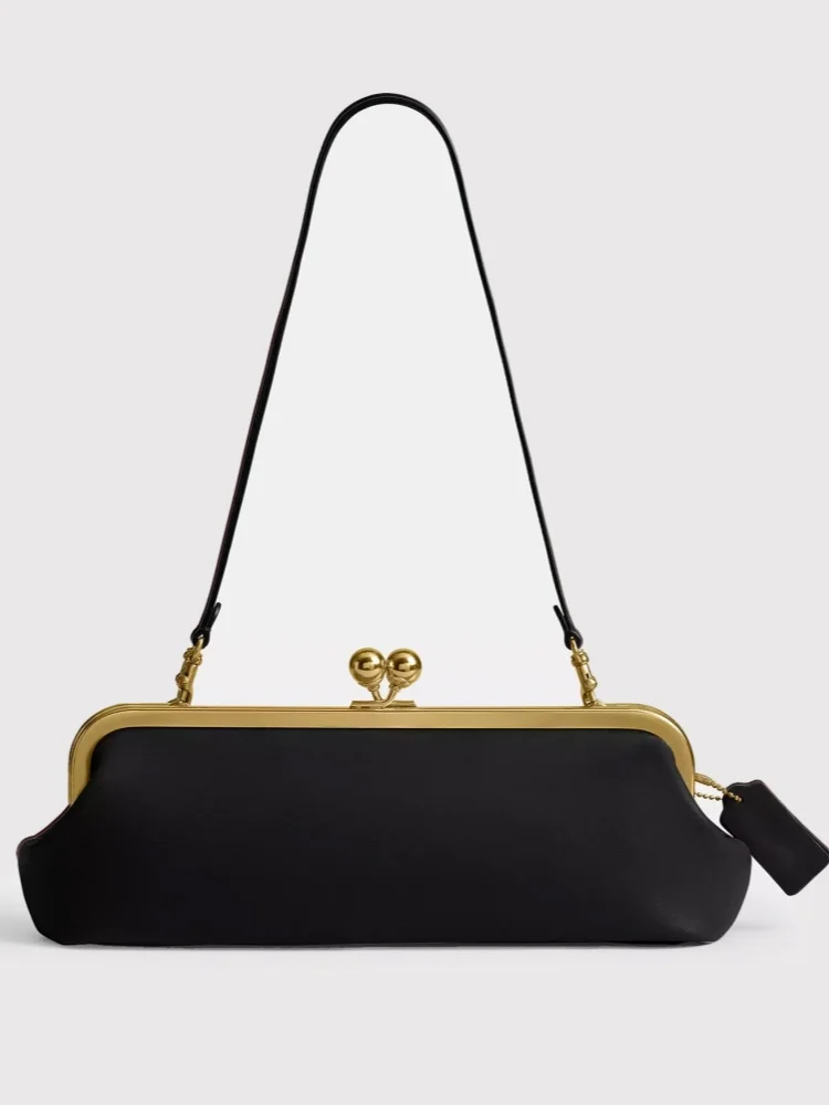 

Women Luxury Designer Kisslock Frame Handbag New In PU Leather Clutch Long Strip Underarm Bag Fashion Clip Metal Buckle Bags