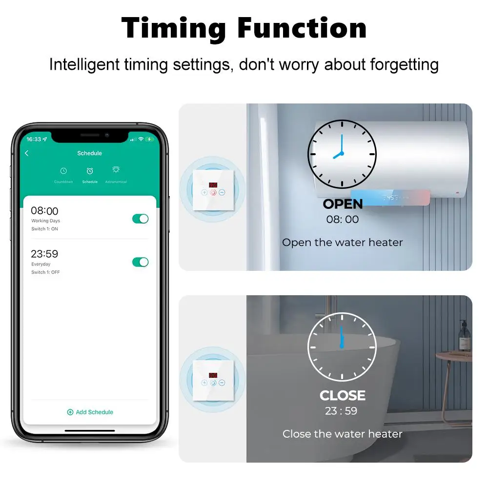 Aubess Tuya WiFi Water Heater Switch 20A EU/US Touch Panel With Power Monitor Timer Switch Smart Home Via Alexa Google Assistant