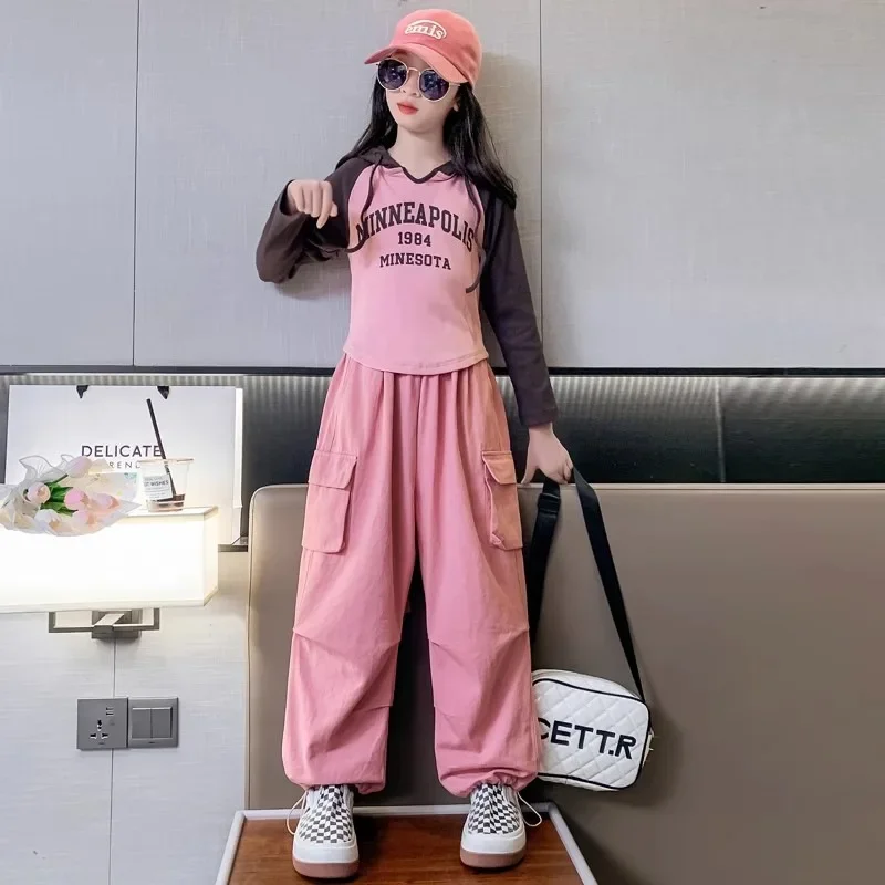 

parentage autumn winter Kids women Children set Girls Clothes letters hooded T-Shirt + wide leg Cargo Pants Teenager 12 25 year