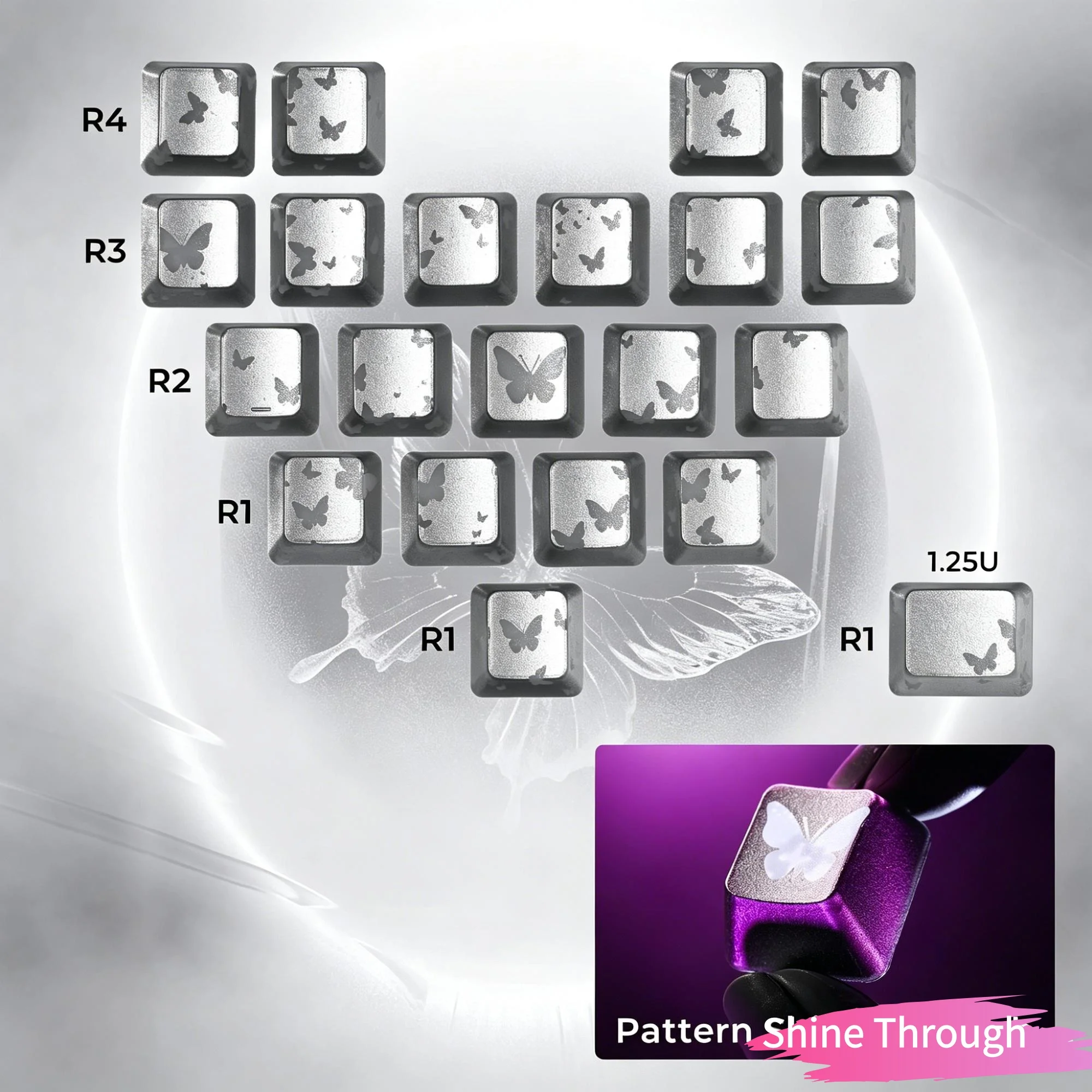 XVX IMD Butterfly Heart Layout 21-Key Artisan Keycap Set OEM Profile Sliver/White/Black