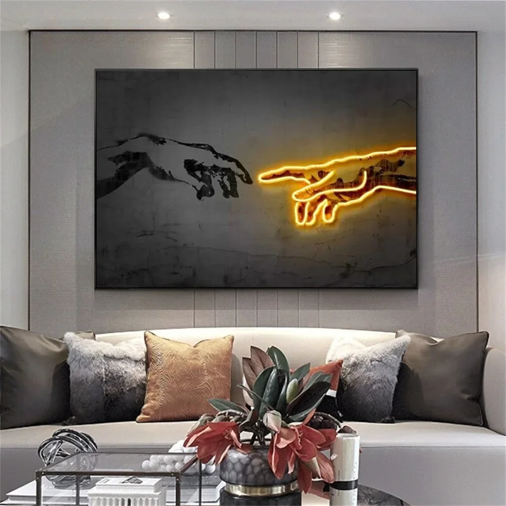 Creation of Adam Neon Wall Art  Modern HD Canvas Print with Neon Lights Classical Hand of God Design Home Decor Poster