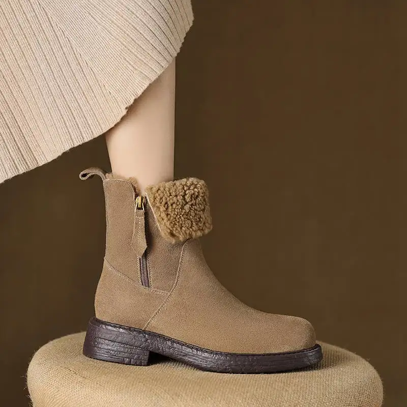 Krazing Pot Wool Cow Leather Cow Suede Nubuck Round Toe Med Heels Snow Boots Platform Keep Warm Natural Fur Zipper Ankle Boots