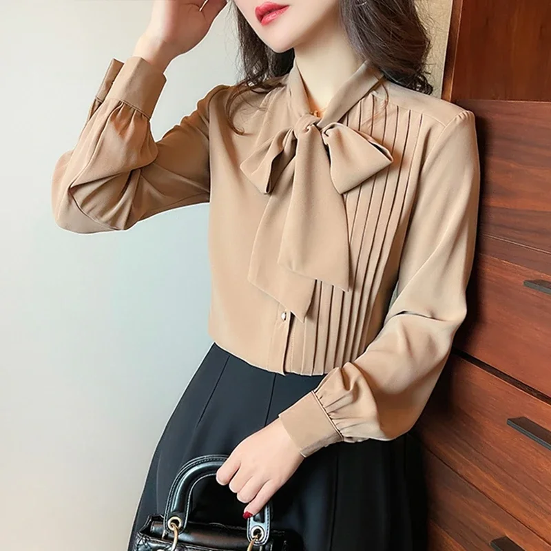 Elegant Bow Neck White Shirts Women Long Sleeve Korean Fashion Clothing Blusas Mujer Work Chiffon Blouses Office Ladies Tops y2k