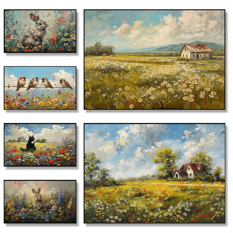 Wildflower Field Farm House Painting Rustic Wall Art Country Landscape Decor Spring Botanical Canvas Painting Room Home Decor