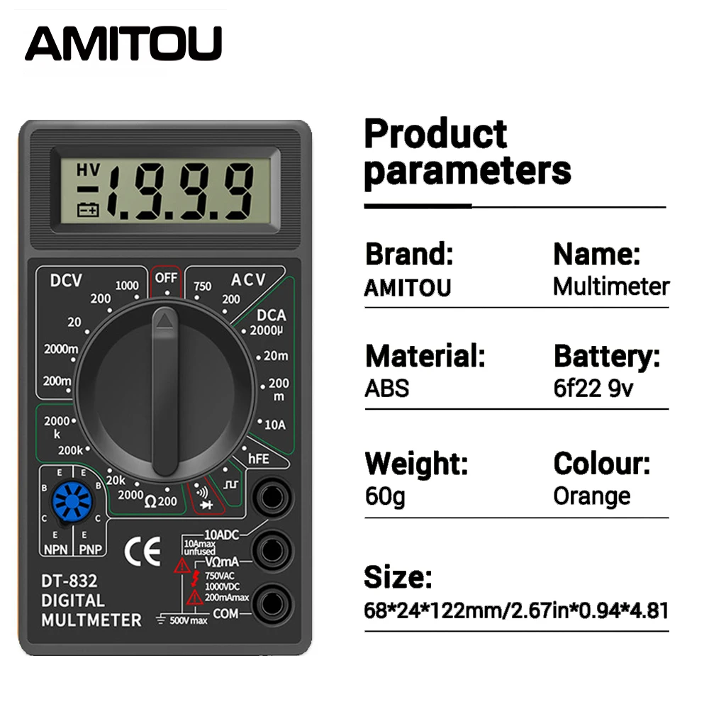 AMITOU DT-832 Digital Professional Multimeter Electric Voltmeter Ammeter AC/DC Voltage Meter Ohm hEF Square Wave Tester Tools