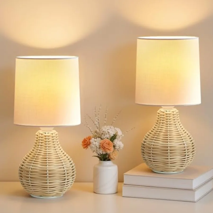 

Rattan Table Lamp Boho Lamps Set of 2-12.5" Mini Wicker Light End Table Decorative Small Lamps for Small Spaces Bedroom Nightst