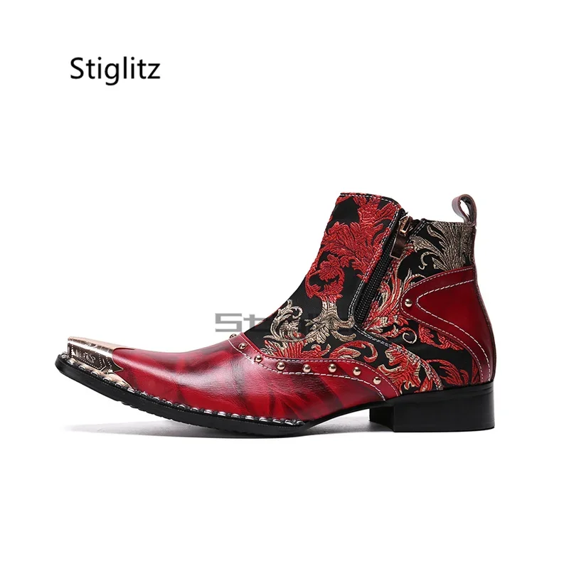 Prints Embroidery Men's Chelsea Boots Iron Pointed Toe Western Boots Men's Wedding Shoes Genuine Leather Chelsea Ankle Boots