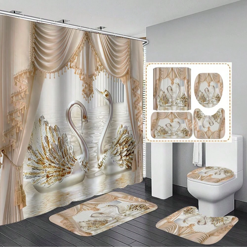 4pcs Luxury Swan Drapery Print Shower Curtain Set Waterproof Polyester Fabric Shower Curtains Home Decor Bathroom Accessories