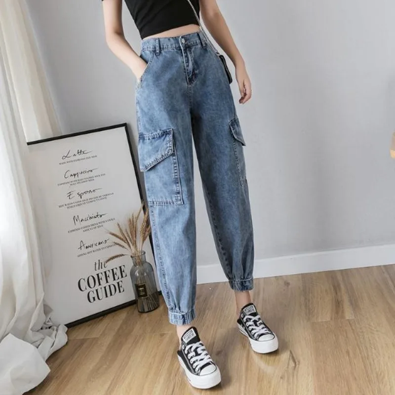 Womens Harem Jeans High Waist Shot Cargo Trousers Loosefit Denim Pants for Women Wholesale Aesthetic South Korea Shiny Cool R