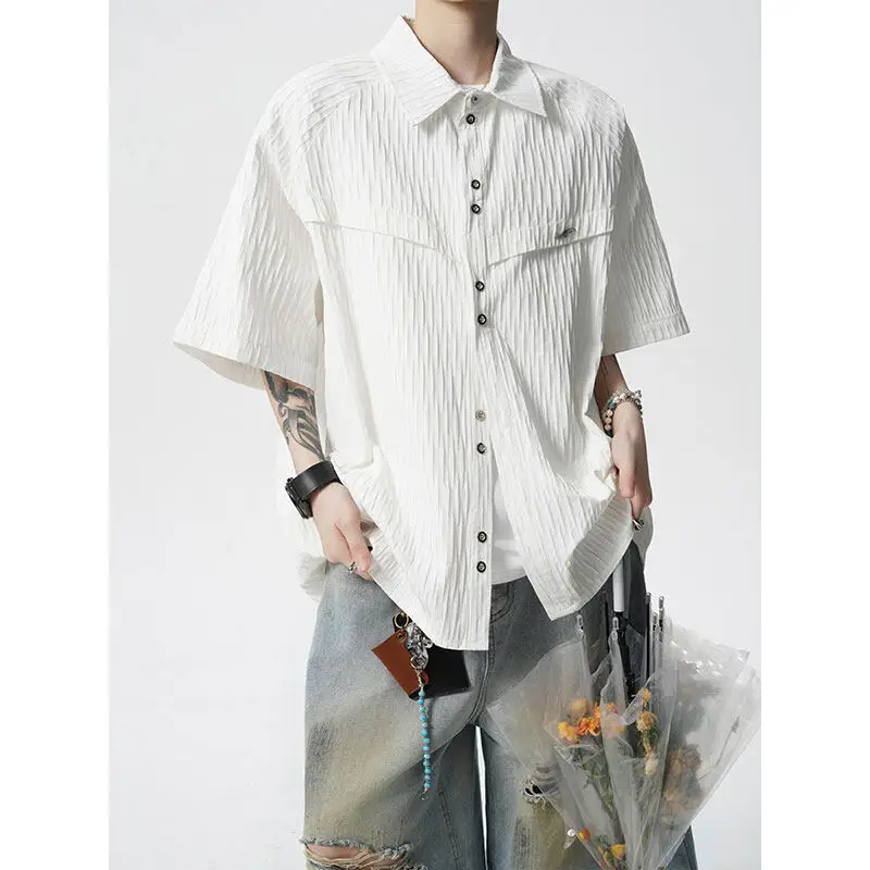 

Summer Short Sleeved Shirt Men Fashion Society Mens Black Dress Shirt Korean Loose Casual White Shirt Mens Pleated Shirts