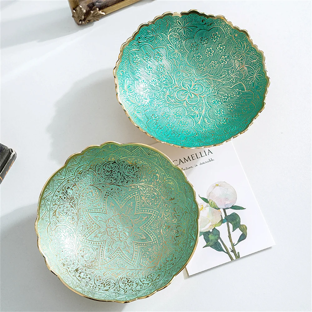 

Brass Tray Living Room Fruit Snacks Jewelry Green Round Tray Coffee Table Storage Decorative Bar Ornaments Party Home Decor Bowl