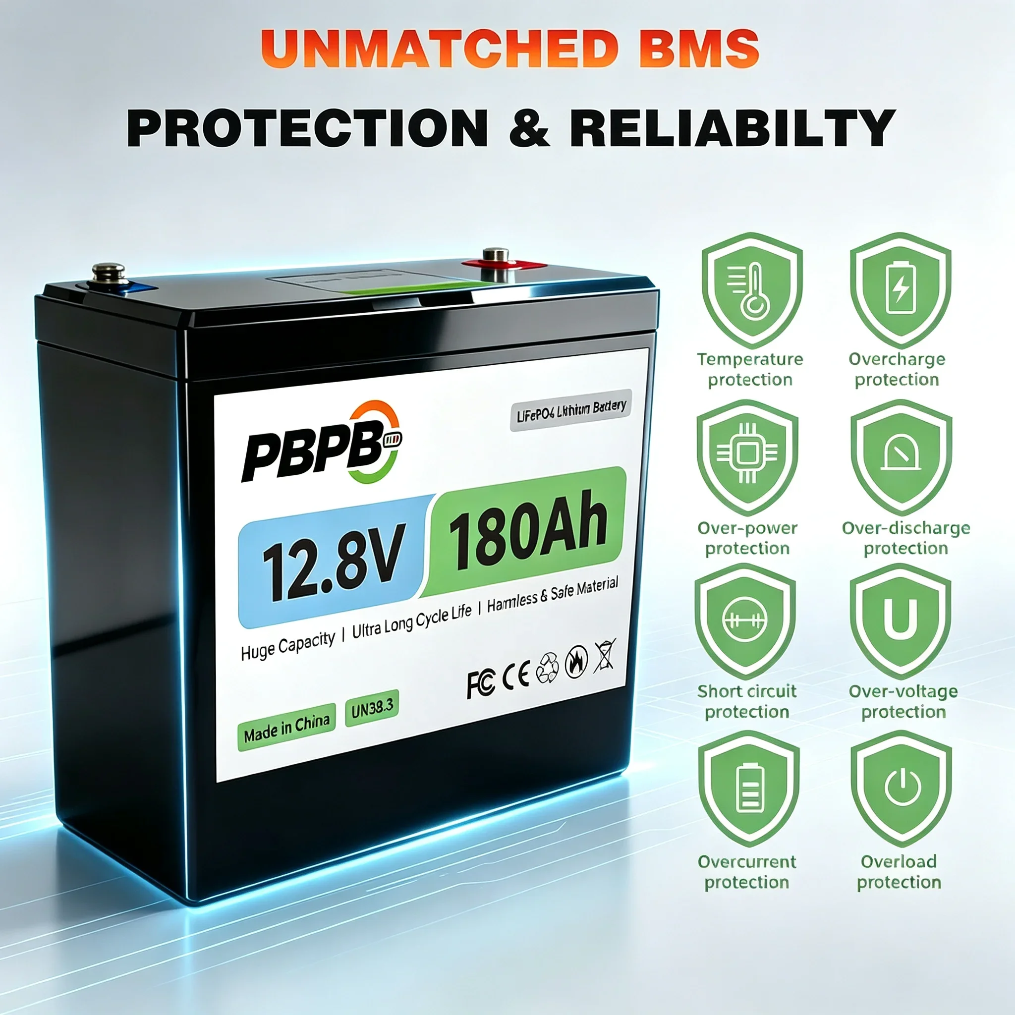 12.8V 180Ah LiFePO4 Lithium Battery with 100A BMS,Low-Temp Protection,2000+ Cycles for LED power supply, electric wheelchair