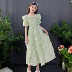 Girls Princess Dresses Baby Kids Flower Tutu Dresses Short Sleeve Green Prom Outfits Summer Children Costumes 4 6 8 10 12 Years