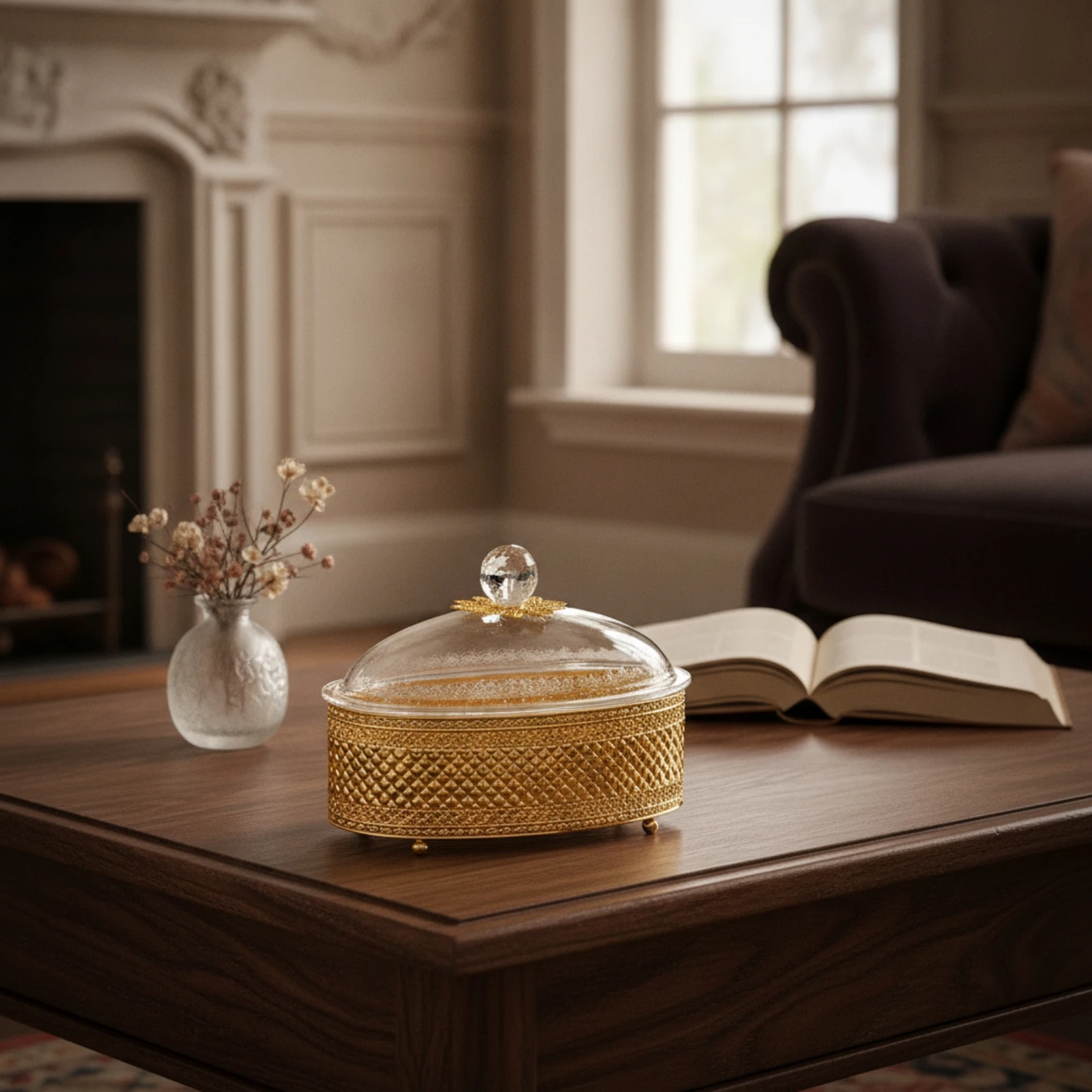 Dry Fruit Box with Lid Gold-Tone Nut Box with Lid Candy Bowl Ornate Serving Dish Openwork for Hosts, Festive Entertaining