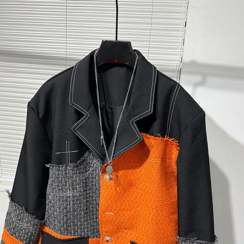 Dark Fashion Irregular Stitching Contrast Color Distressed Coat Men's High-Grade Ruffle Handsome Casual Suit Fashion
