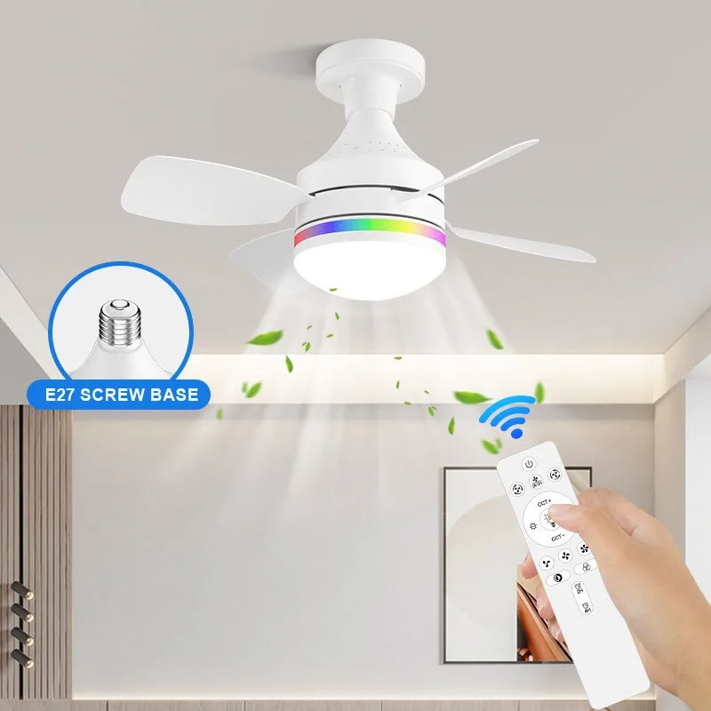 E27 Smart Ceiling Fan Light RGB Ambient Ring 3 Color Dimmable Variable Frequency Soft Wind Lamp With Remote Living Room