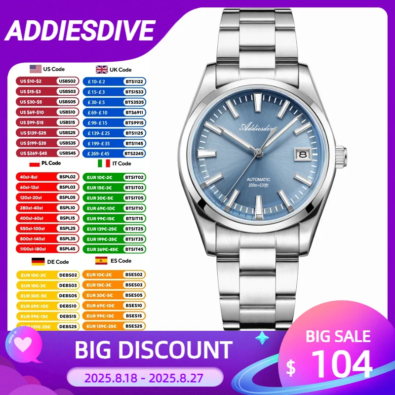 ADDIESDIVE 39mm Orologio da polso meccanico automatico da uomo di lusso K1 Minerale AR Vetro Orologio impermeabile Orologio da uomo in acciaio inossidabile