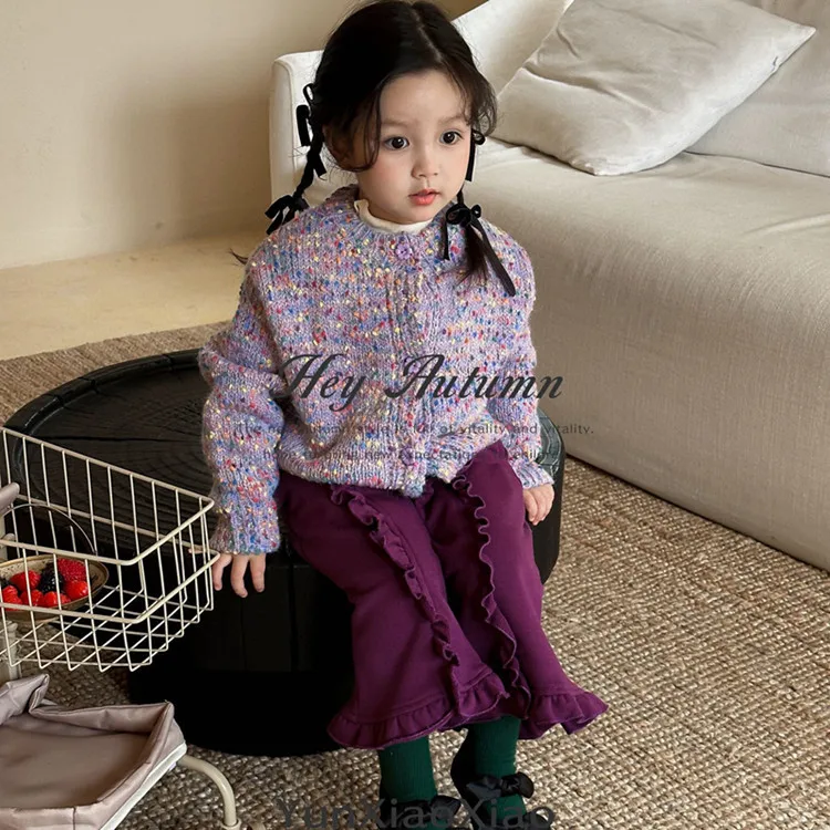 

2023 autumn Girls' Autumn New Purple Sweater Coat Sweet Korean Pants Set kids clothes girls