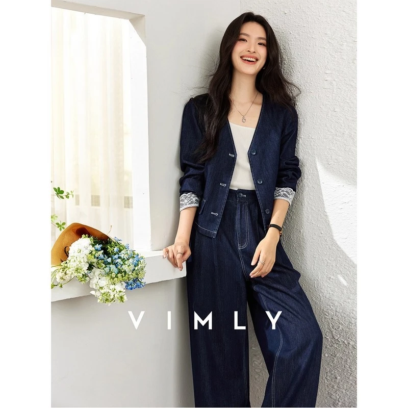 

VIMLY Demin Blue Pant Sets 2025 Woman Autumn Vintage Lace Spliced Cuff V-neck Top Straight Wide Legs Pants 2 Piece Sets A2003