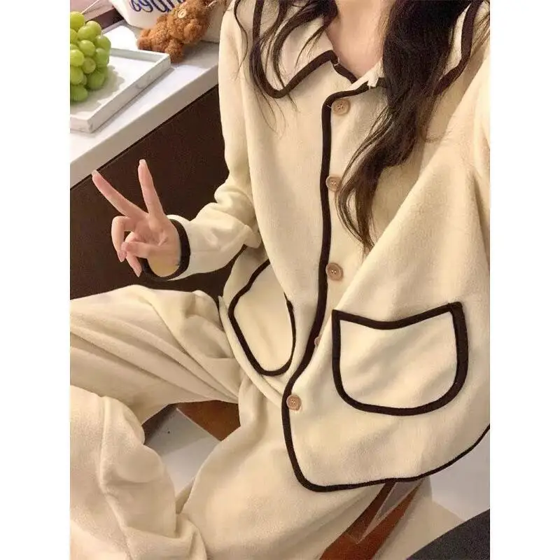 

Double Pocket Sleepwear Set Women's Pajamas Night Wear Warm Home Suit Girl's Students Homewear Loungewear 2 Pieces Autumn Winter