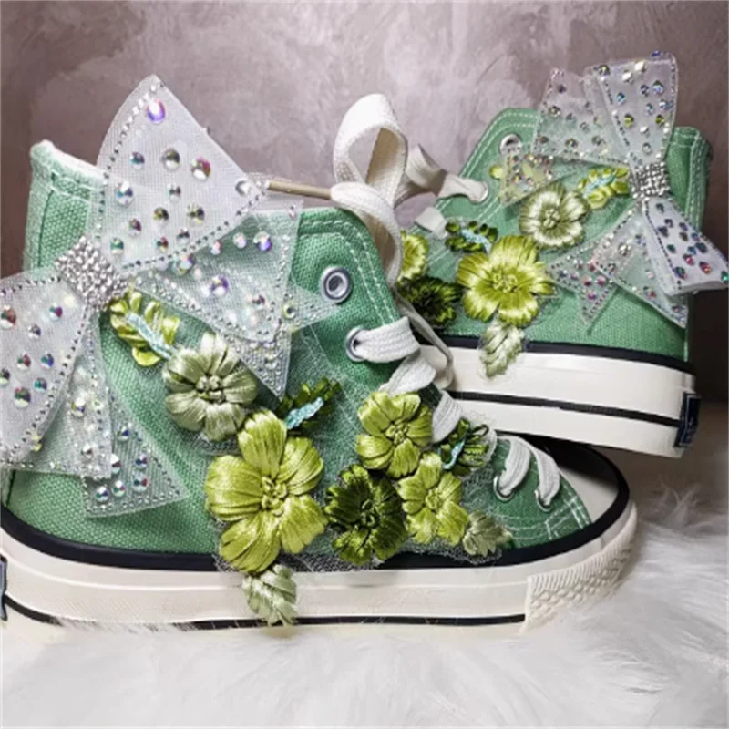 High top avocado green lace embroidered floral rhinestone canvas shoes hand-custom lace-up casual women's shoes 36-40