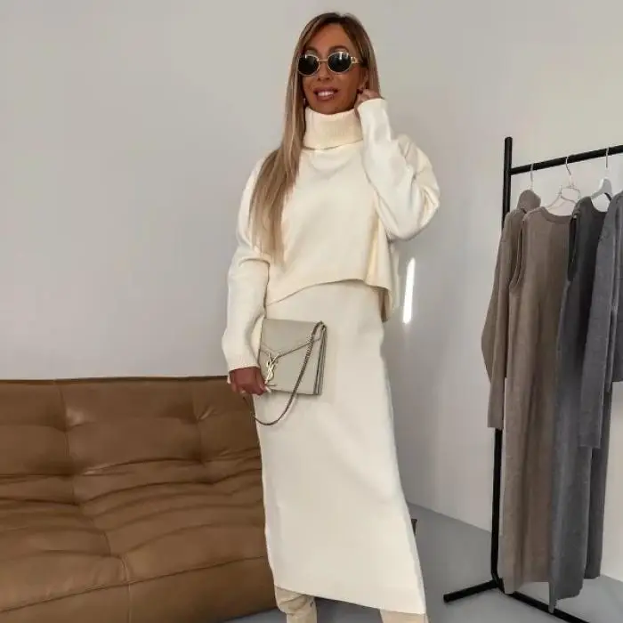 

High Ne Knitted Hip Hing Skirt with Two Knitted Sets Women's Faion Ensemble Long Sve Briti Sle Winter Collection