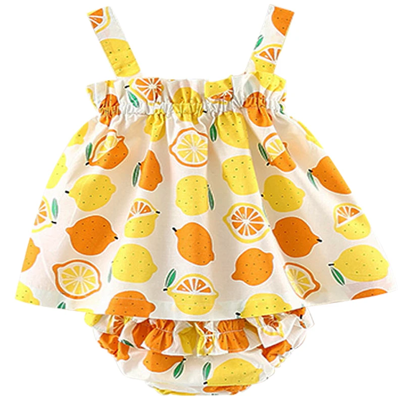 

2Piece Summer Newborn Girls Clothes Toddler Dress Korean Cartoon Cute Print Sleeveless Cotton Tops+Shorts Kids Clothing BC1221