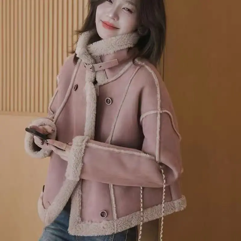 

2025 Winter Fall Women Fur Patchwork Thick Warm Khaki Coat Jacket , Casual Double Breasted Coats Jackets for Woman Clothing