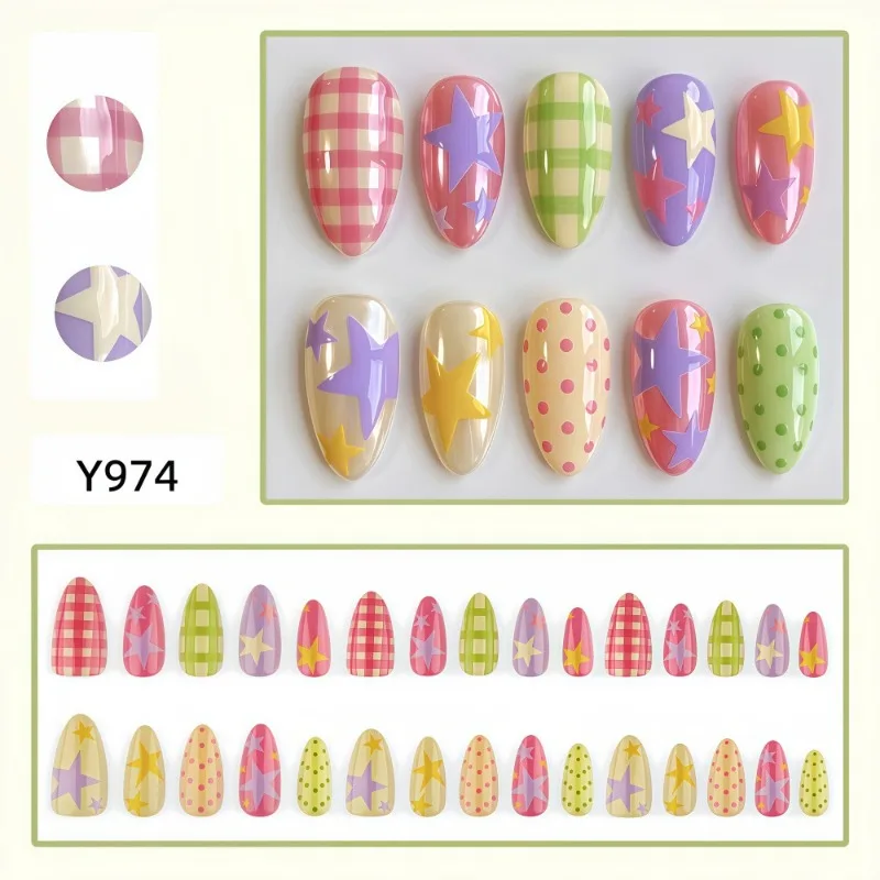 30Pcs False Nails Dopamine-Inspired Korean-Style Five-Pointed Stars Fresh Checkered and Polka-Dot Designs Press-On Nails