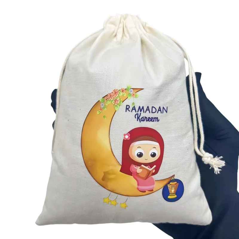 5PCS 5x7in Eid Mubarak Gift Bag for boys girls Present Treat Sweet Bags Happy Ramadan Al Adha Muslim Decoration 2025 Cotton bag