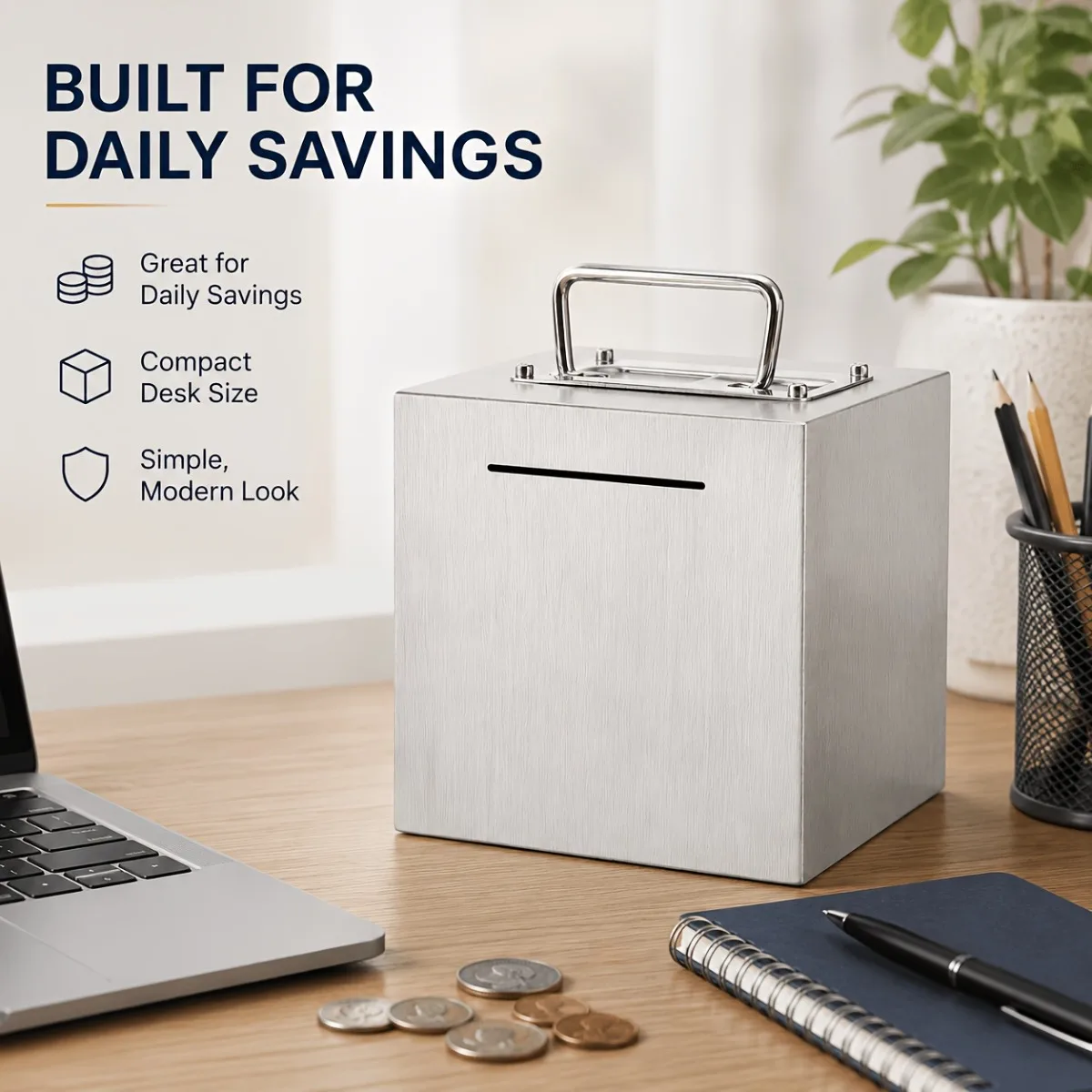 Metal Money Box Stainless Steel Coin Bank Portable Cash Storage Organizer Budget Saving Container Gift Desk Decor Home