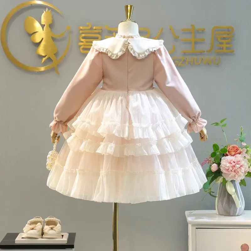 Girls Lolita Princess Dress New Style Long Sleeve Dress Cute Sweet Lace Gauze Dress Autumn Winter High-End Puffy Bow Dress Gift