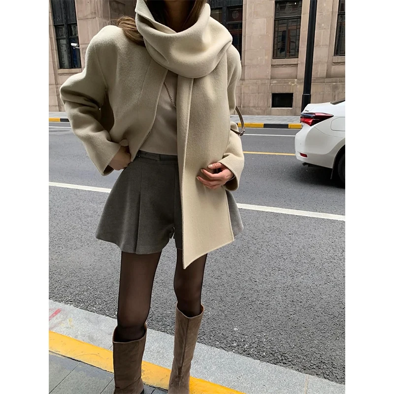 

Элегантные шерстяные пальто, женская мода, роскошные укороченные шерстяные куртки с шарфом, зимняя женская корейская дизайнерская верхняя одежда для поездок на работу