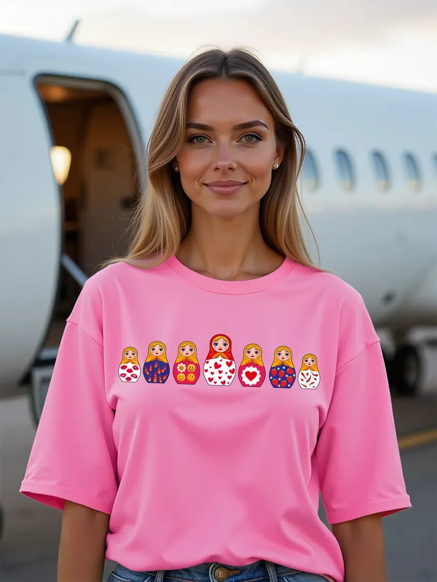 Sweet Lovely Matryoshka Nesting Doll Print Oversized T-Shirt | Pink Russian Folk Art Cotton Tee Cute Cartoon Summer Tops Loose