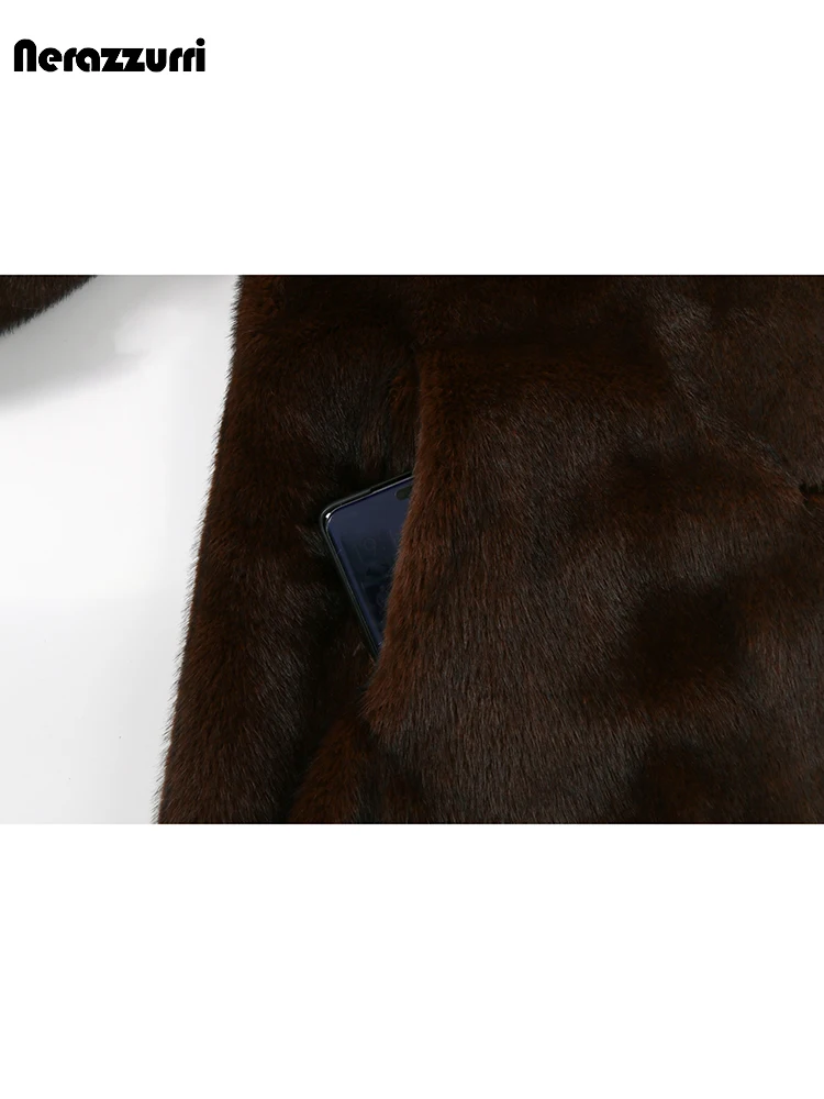 Nerazzurri Winter Long Thick Warm Soft Fluffy Brown Faux Mink Fur Coat Women Single Breasted Elegant Luxury Designer Clothes