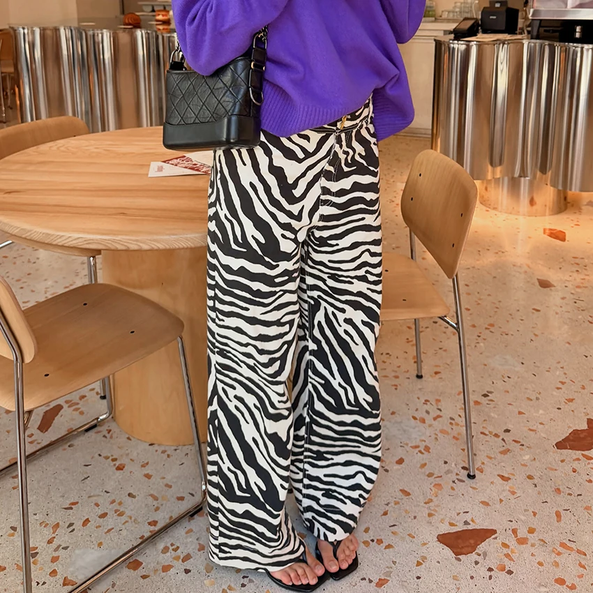 Linad Casual Zebra Stripe Long Pants For Women 2026 Street Chic Loose Zipper Trousers Female Vintage Print Straight Pants Lady