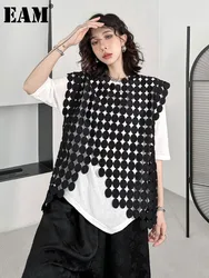 [EAM] Women Black Hollow Out Big Size Vest New Round Neck Sleeveless Personality loose Fashion Tide Spring Summer 2024 1DF9299