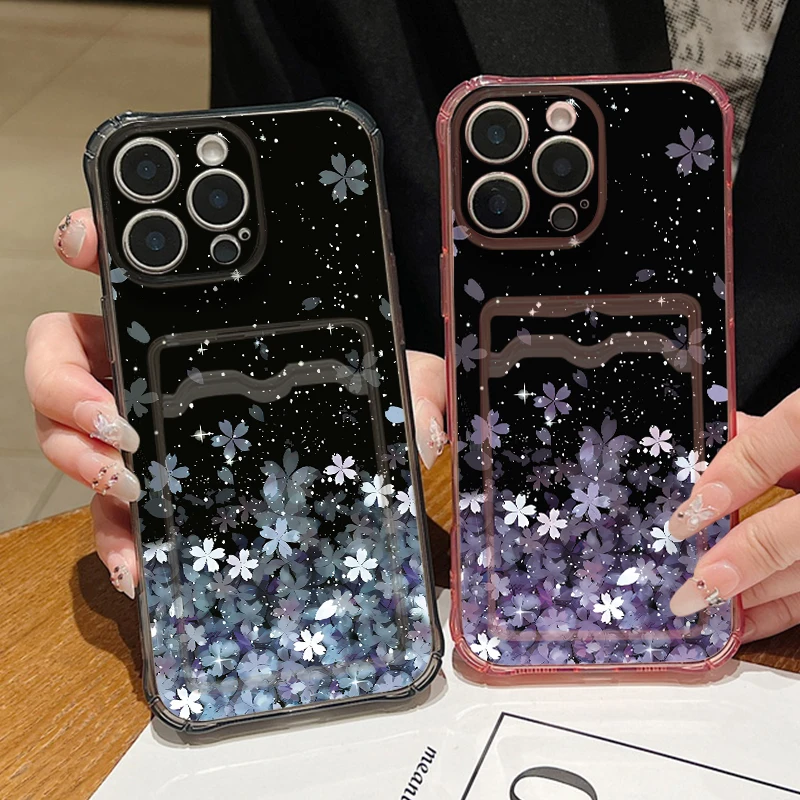 Kartensteckplatz-Taschen-Handyhülle für iPhone 16 Pro 16e 15 14 13 Pro Max 11 12 Kirschblüten-stoßfeste, klare, weiche TPU-Silikonhülle