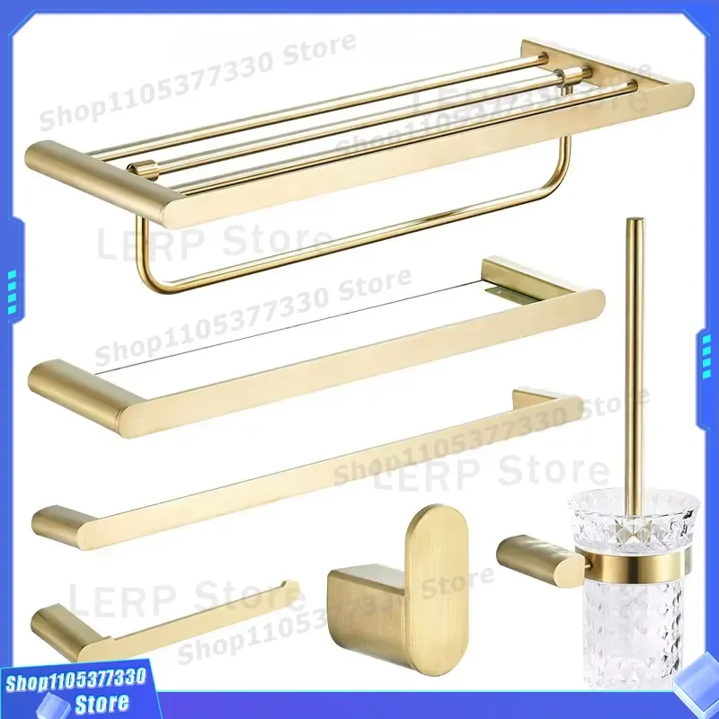 Nordic Gold Brushed Stainless Steel Bathroom Hardware Set Wall Mounted Towel Rack Topcoat Finish Modern Bath Accessories A245