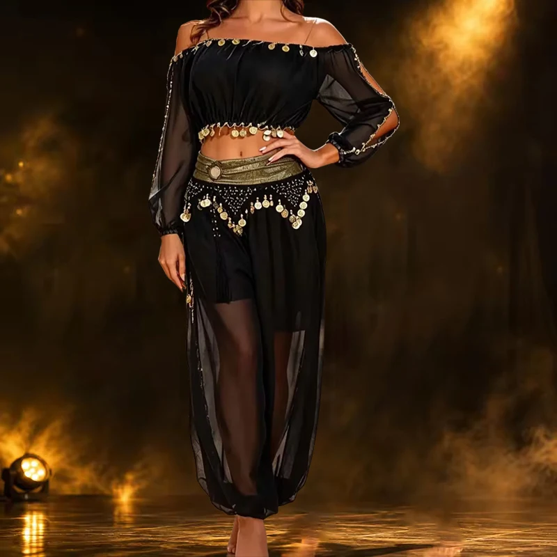 Belly Dance 2 Pcs Costume Set Coins Long Sleeve Crop Top and Chiffon Bloomers Pants for Halloween