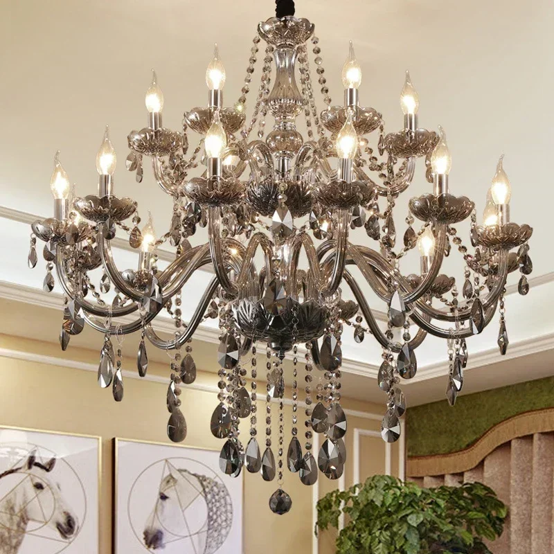European Luxurious Crystal Pendent Lamp Smoke Grey Candle  Living Room And bedroom Restaurant Hotel Villa Chandelier