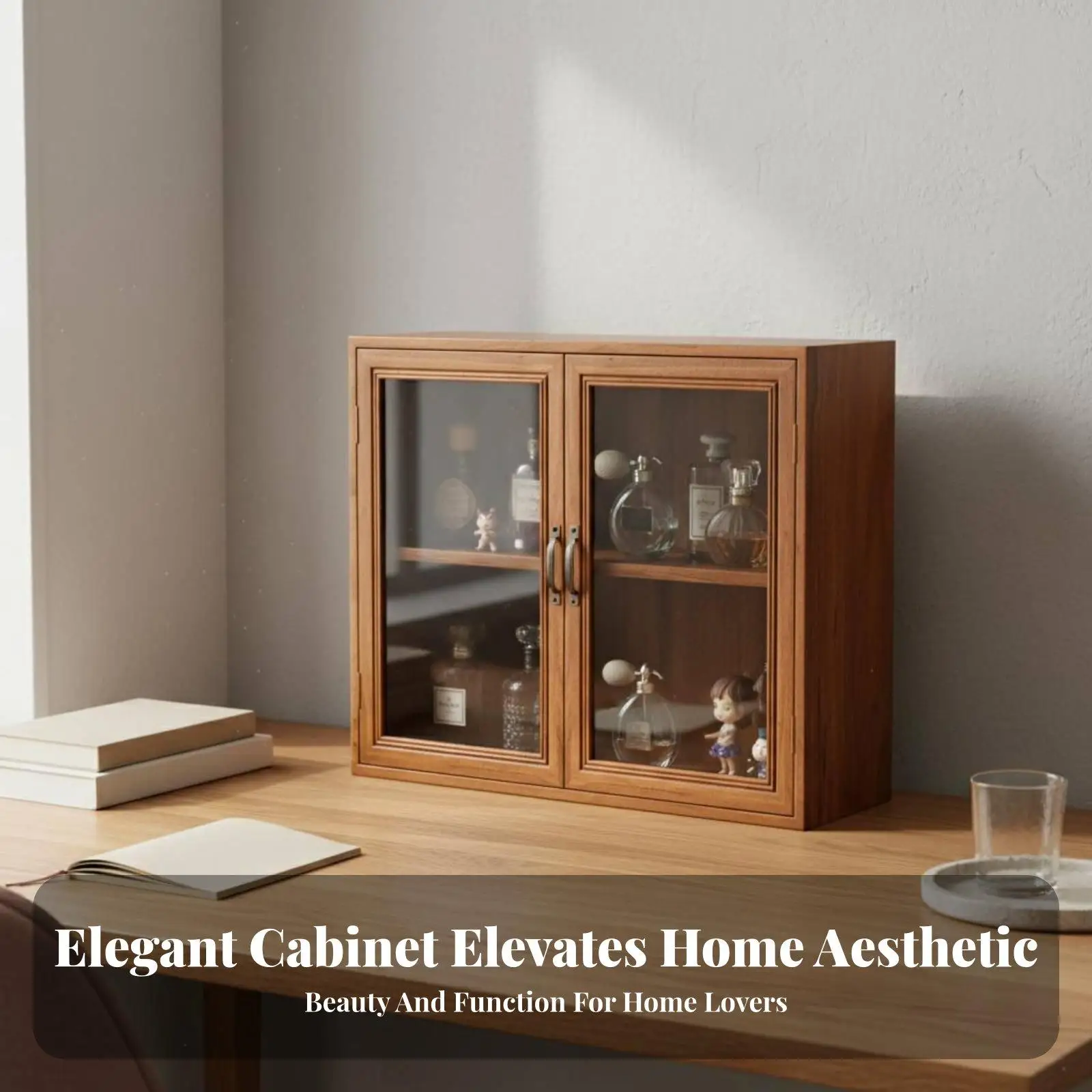 Retro Pine Wood Desktop Organizer Display Cabinet with Glass Doors for Collectibles and Cosmetics Storage