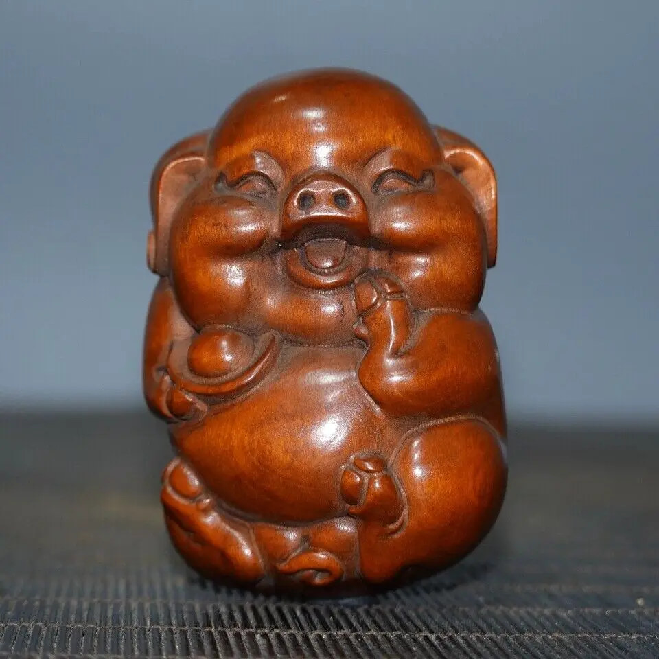 Chinese Natural Boxwood Carved Happy Lovely Pig Statue Wooden Figurine Gift Art